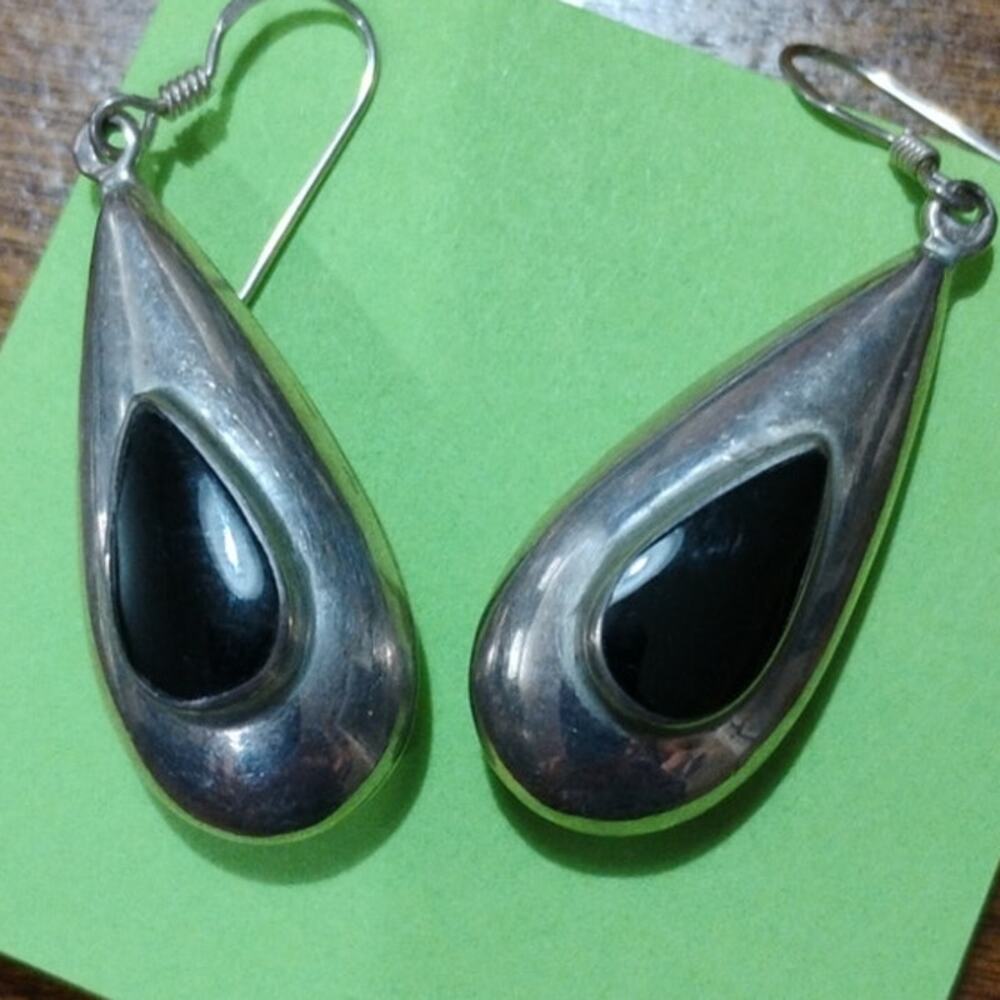 Sterling Puffy Tear Drops with Onyx Earrings Pierced
